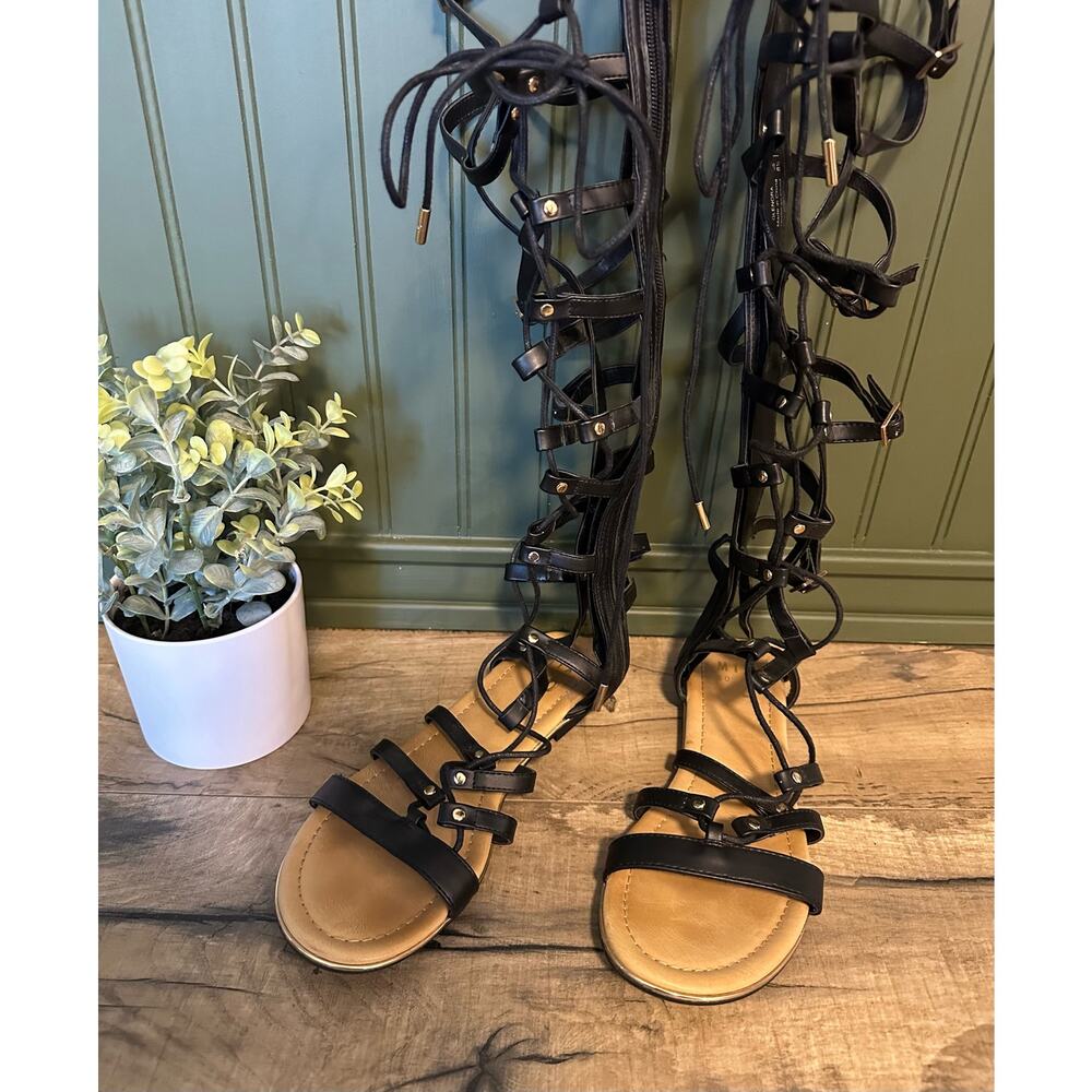 Mix No 6 Glenora Black High Calf Gladiator Flat Sandal Shoe Size Women’s 8.5